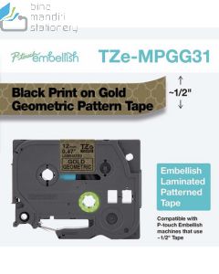 Gambar peralatan sekolah Brother TZE-MPGG31 Black on Gold Geomteric Pattern 12mm P-touch Tape dan aneka katalog Brother P-touch grosir